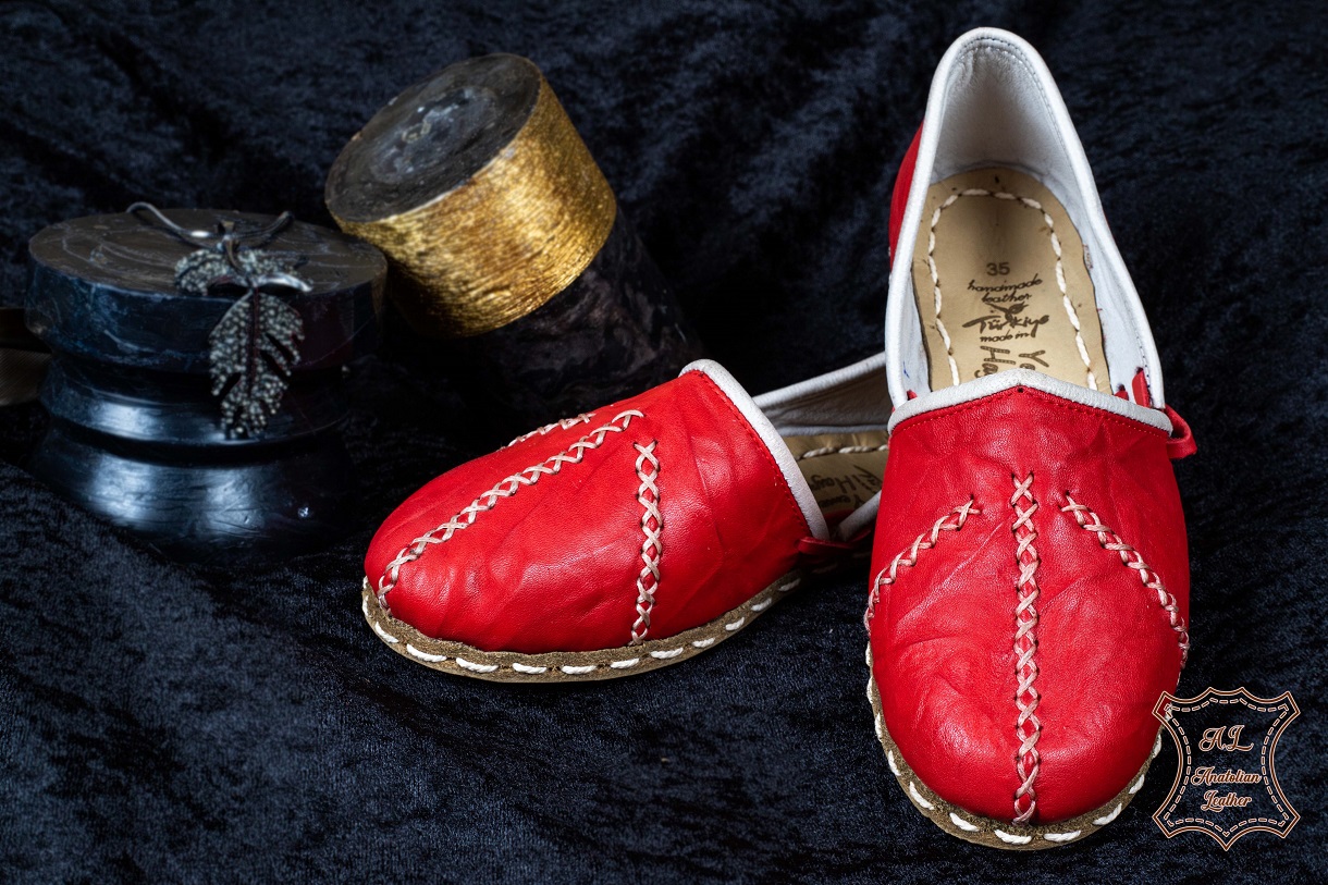 Turkish Genuine Leather Handmade Women Yemeni Natural  Red