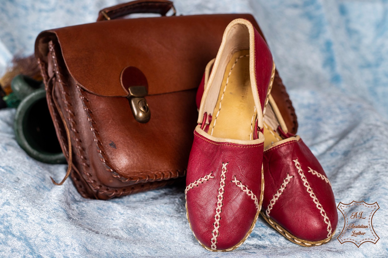 Turkish Genuine Leather Handmade Women Yemeni Shoes Natural Red